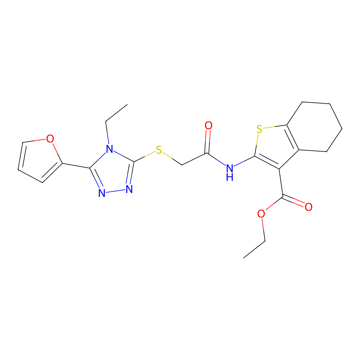 Ethyl 2-[[2-[[4-ethyl-5-(furan-2-yl)-1,2,4-triazol-3-yl]sulfanyl]acetyl]amino]-4,5,6,7-tetrahydro-1-benzothiophene-3-carboxylate molecular structure, CAS 693797-96-5