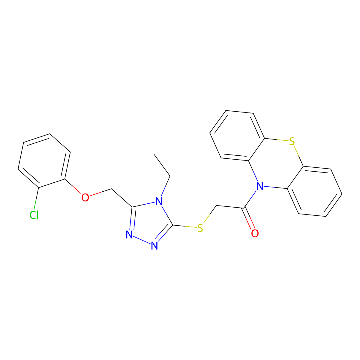 2-[[5-[(2-Chlorophenoxy)methyl]-4-ethyl-1,2,4-triazol-3-yl]sulfanyl]-1-phenothiazin-10-ylethanone molecular structure, CAS 693799-26-7