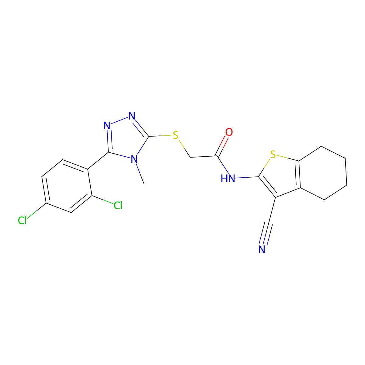 N-(3-cyano-4,5,6,7-tetrahydro-1-benzothiophen-2-yl)-2-[[5-(2,4-dichlorophenyl)-4-methyl-1,2,4-triazol-3-yl]sulfanyl]acetamide molecular structure, CAS 693806-73-4