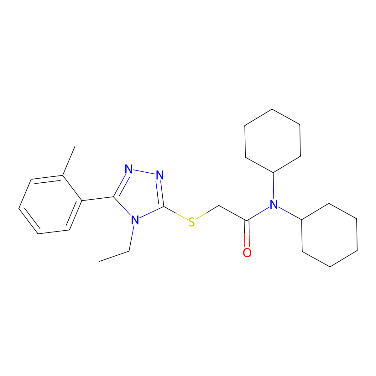 N,N-dicyclohexyl-2-[[4-ethyl-5-(2-methylphenyl)-1,2,4-triazol-3-yl]sulfanyl]acetamide molecular structure, CAS 693806-86-9