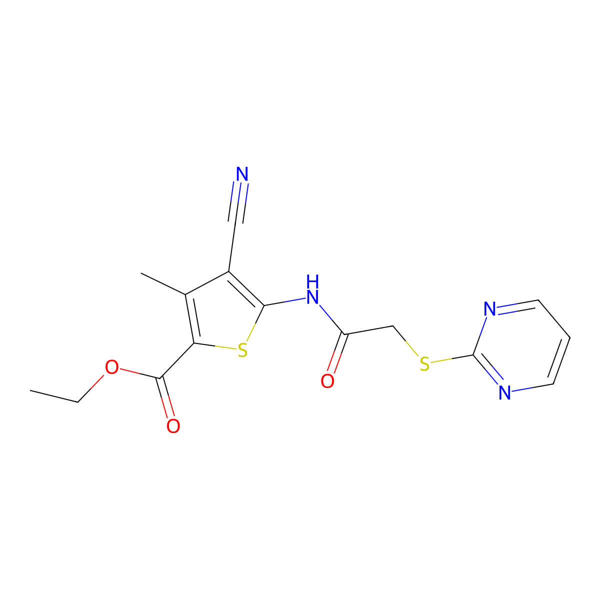 Ethyl 4-cyano-3-methyl-5-{[(2-pyrimidinylthio)acetyl]amino}-2-thiophenecarboxylate molecular structure, CAS 693808-22-9