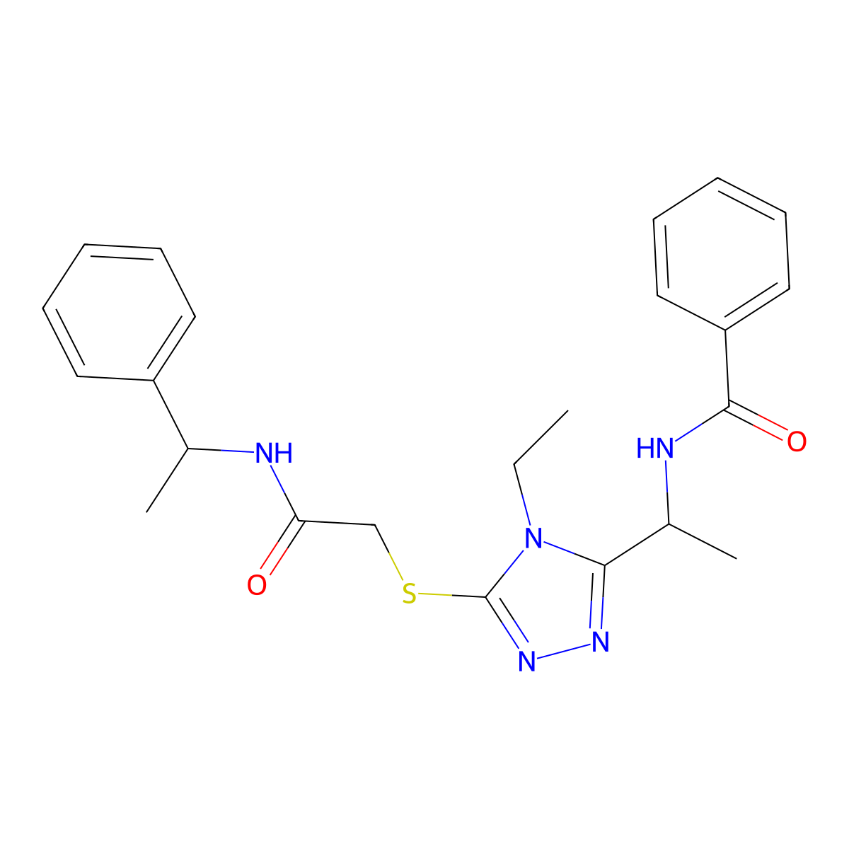 N-{1-[4-ethyl-5-({2-oxo-2-[(1-phenylethyl)amino]ethyl}sulfanyl)-4H-1,2,4-triazol-3-yl]ethyl}benzamide molecular structure, CAS 693809-15-3