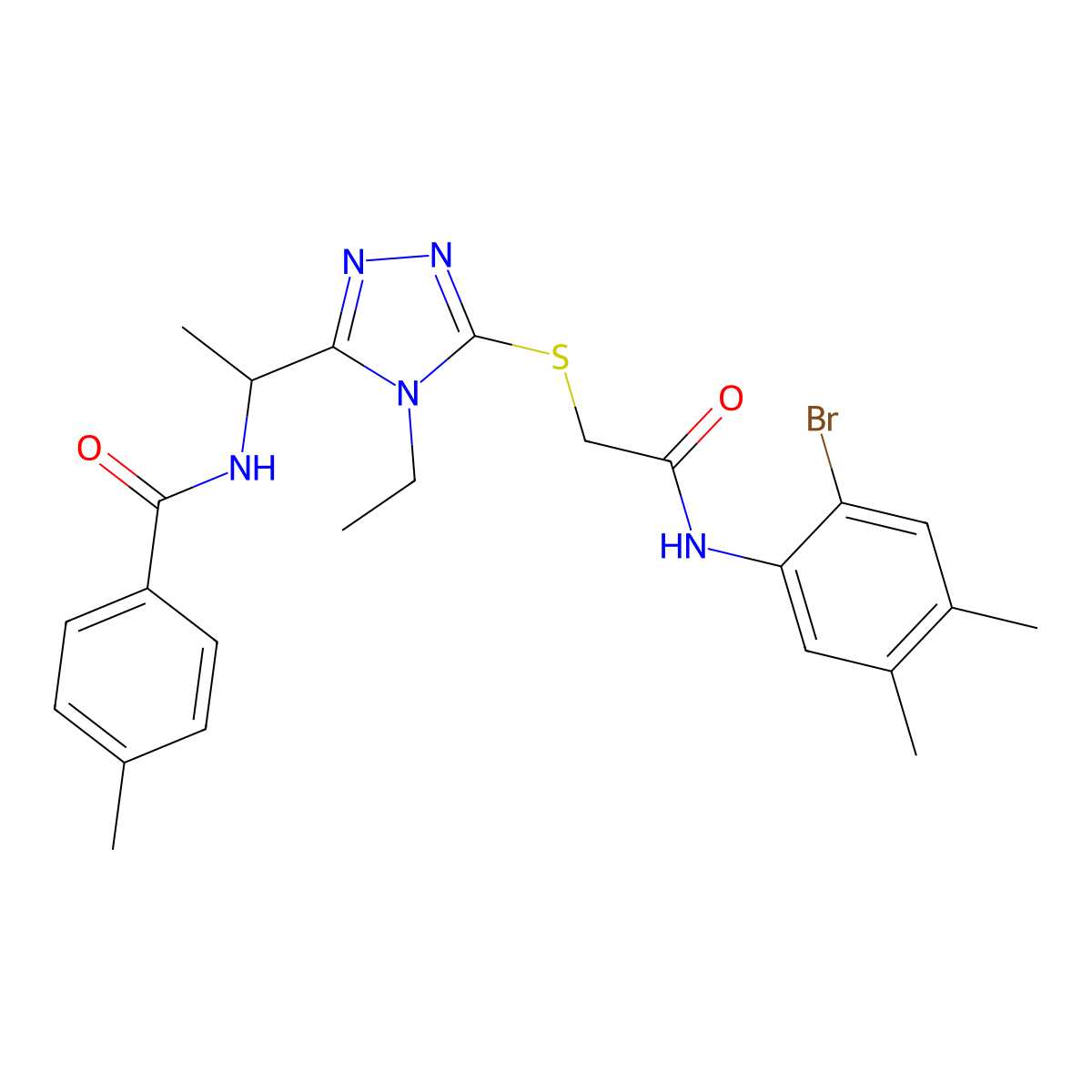 N-[1-[5-[2-(2-bromo-4,5-dimethylanilino)-2-oxoethyl]sulfanyl-4-ethyl-1,2,4-triazol-3-yl]ethyl]-4-methylbenzamide molecular structure, CAS 693812-64-5