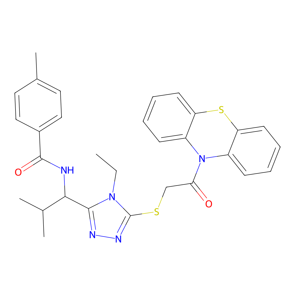 N-[1-(4-ethyl-5-{[2-oxo-2-(10H-phenothiazin-10-yl)ethyl]sulfanyl}-4H-1,2,4-triazol-3-yl)-2-methylpropyl]-4-methylbenzamide molecular structure, CAS 693813-30-8