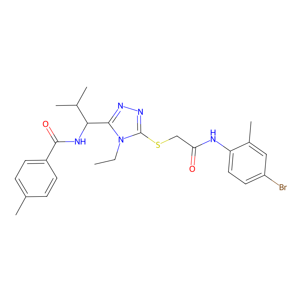 N-[1-[5-[2-(4-bromo-2-methylanilino)-2-oxoethyl]sulfanyl-4-ethyl-1,2,4-triazol-3-yl]-2-methylpropyl]-4-methylbenzamide molecular structure, CAS 693813-44-4