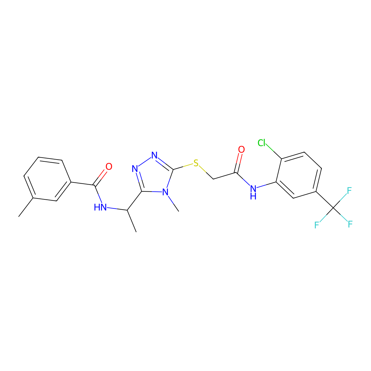 N-(1-{5-[(2-{[2-chloro-5-(trifluoromethyl)phenyl]amino}-2-oxoethyl)sulfanyl]-4-methyl-4H-1,2,4-triazol-3-yl}ethyl)-3-methylbenzamide molecular structure, CAS 693813-66-0