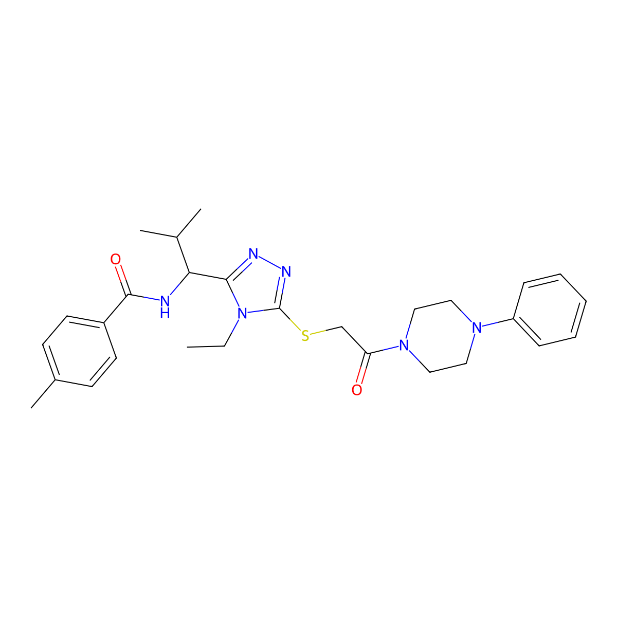 N-[1-[4-ethyl-5-[2-oxo-2-(4-phenylpiperazin-1-yl)ethyl]sulfanyl-1,2,4-triazol-3-yl]-2-methylpropyl]-4-methylbenzamide molecular structure, CAS 693813-73-9