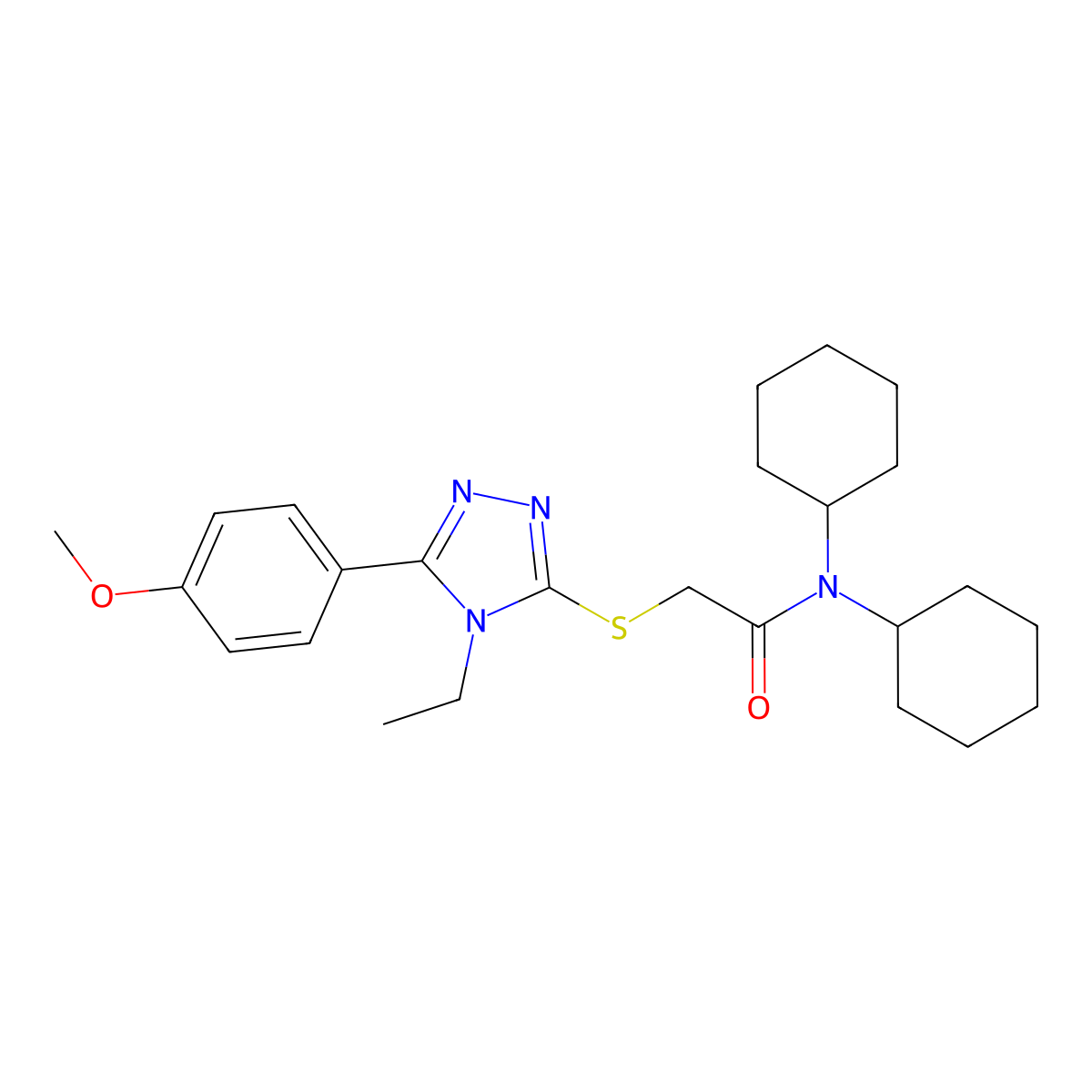 N,N-dicyclohexyl-2-[[4-ethyl-5-(4-methoxyphenyl)-1,2,4-triazol-3-yl]sulfanyl]acetamide molecular structure, CAS 693814-72-1