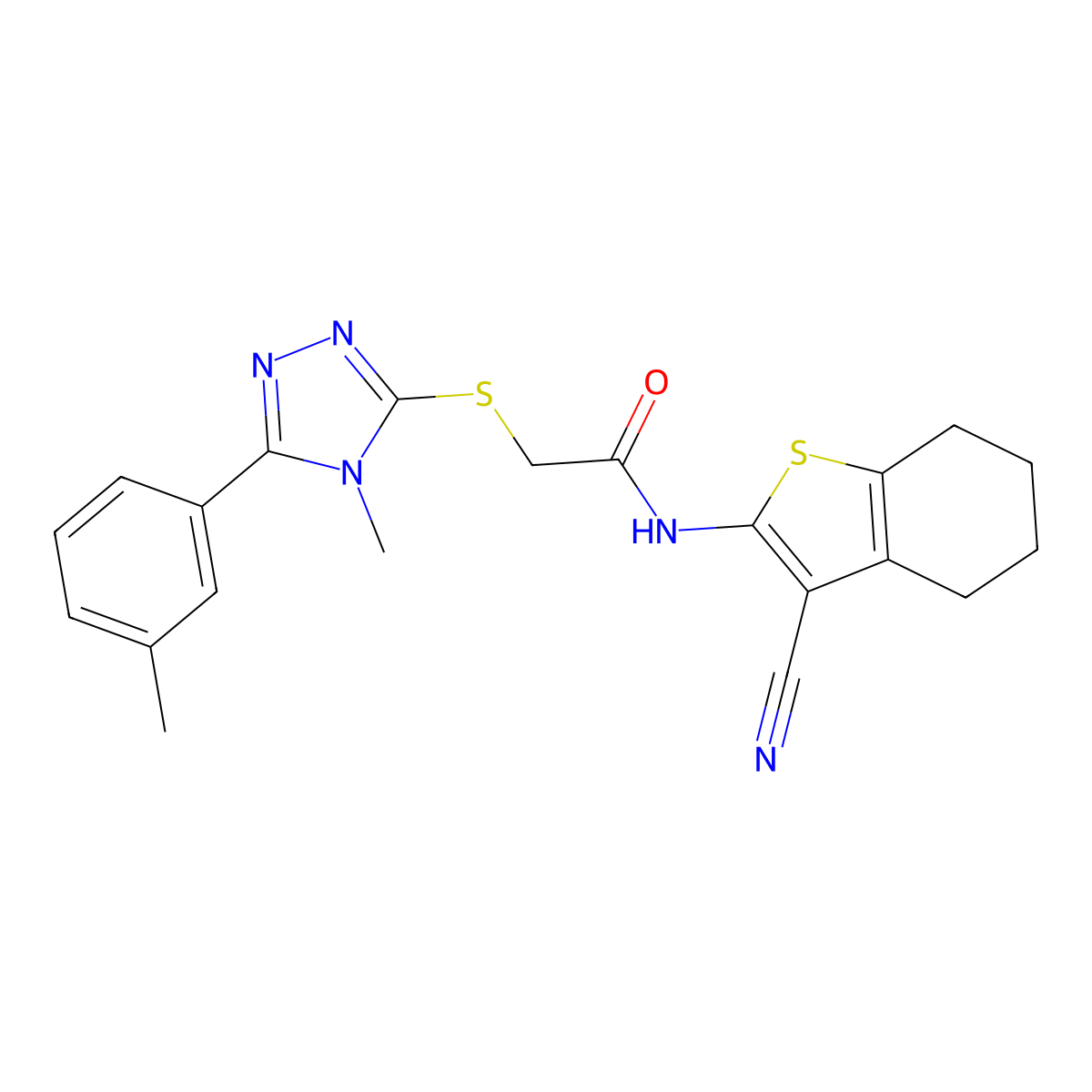 N-(3-cyano-4,5,6,7-tetrahydro-1-benzothiophen-2-yl)-2-[[4-methyl-5-(3-methylphenyl)-1,2,4-triazol-3-yl]sulfanyl]acetamide molecular structure, CAS 693815-62-2