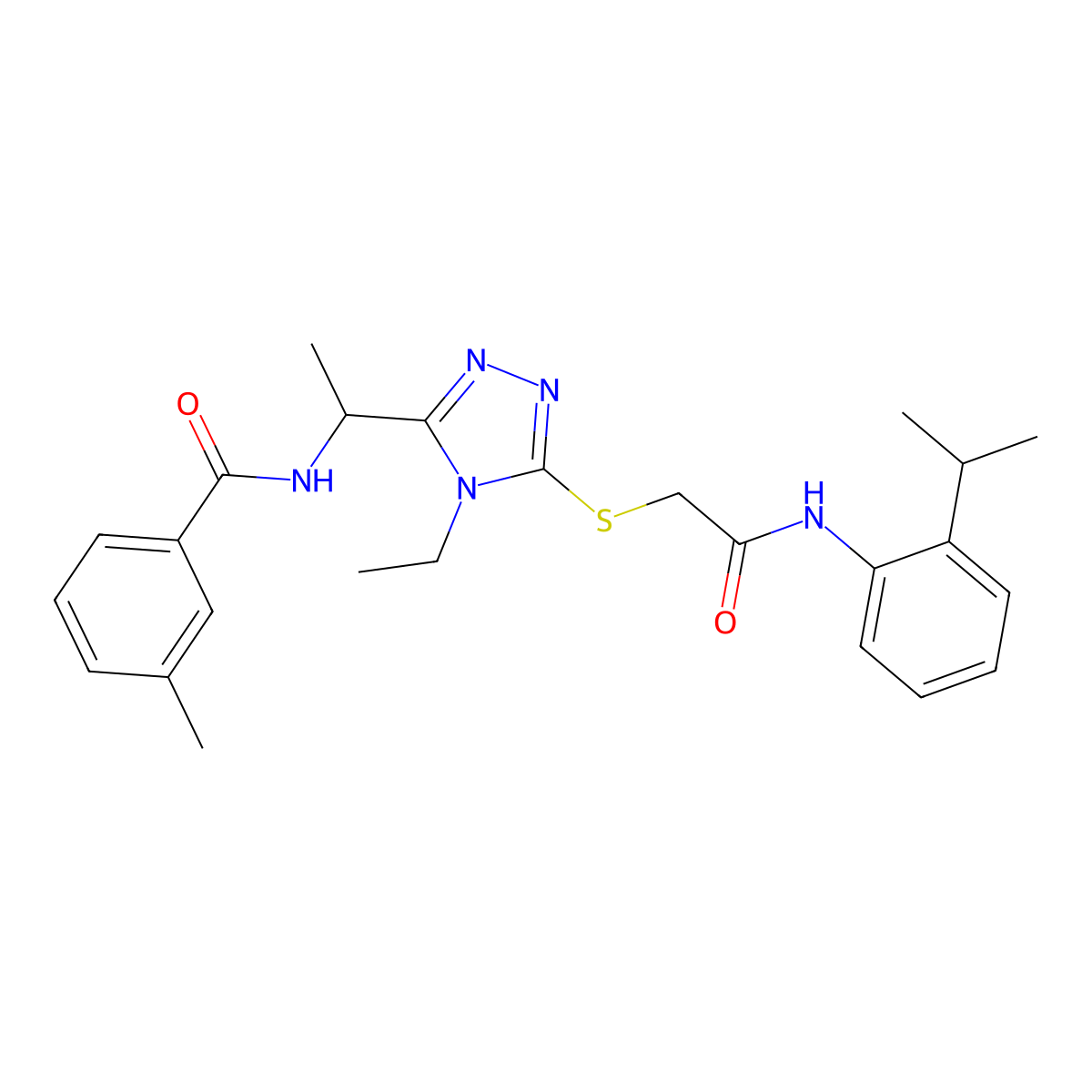 N-(1-{4-ethyl-5-[(2-oxo-2-{[2-(propan-2-yl)phenyl]amino}ethyl)sulfanyl]-4H-1,2,4-triazol-3-yl}ethyl)-3-methylbenzamide molecular structure, CAS 693816-35-2