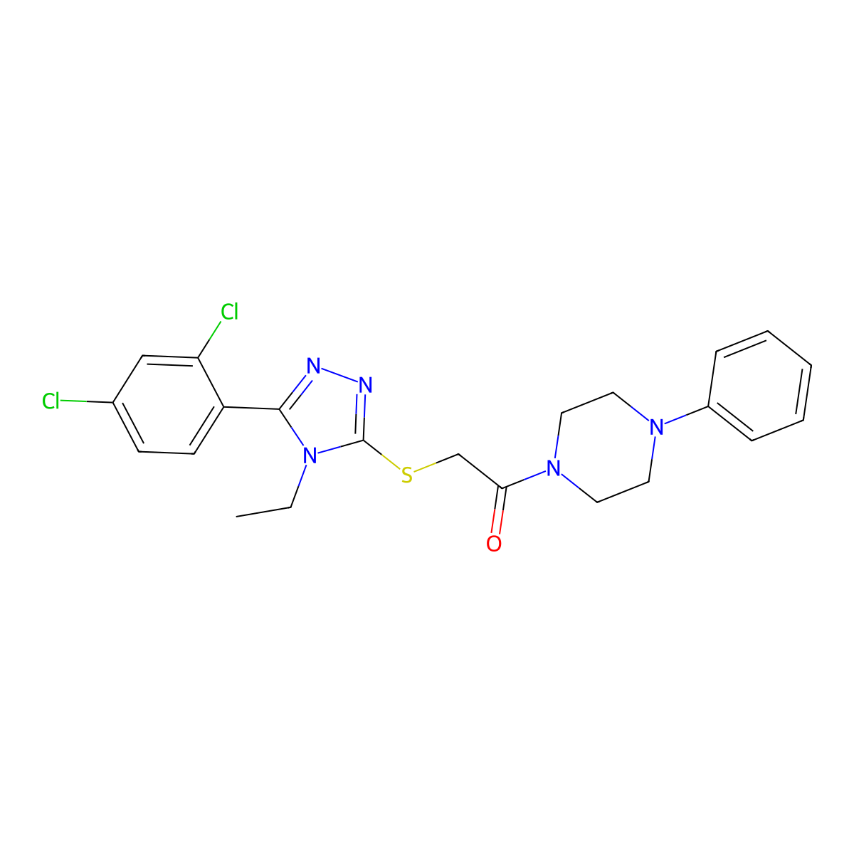 2-[[5-(2,4-Dichlorophenyl)-4-ethyl-1,2,4-triazol-3-yl]sulfanyl]-1-(4-phenylpiperazin-1-yl)ethanone molecular structure, CAS 693819-69-1