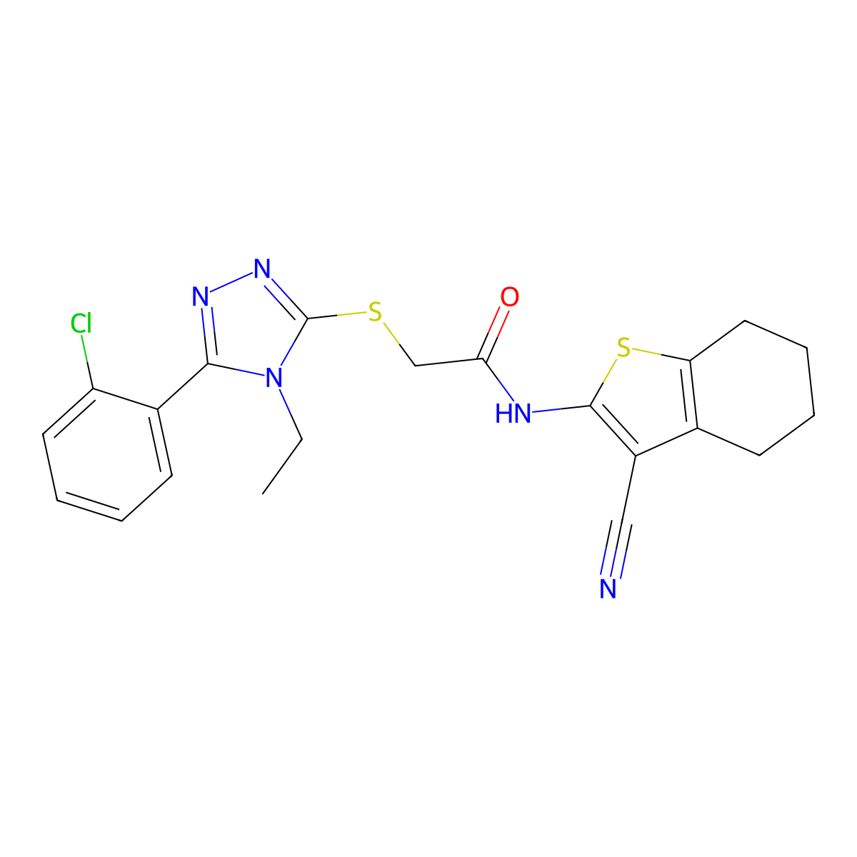 2-[[5-(2-chlorophenyl)-4-ethyl-1,2,4-triazol-3-yl]sulfanyl]-N-(3-cyano-4,5,6,7-tetrahydro-1-benzothiophen-2-yl)acetamide molecular structure, CAS 693820-53-0