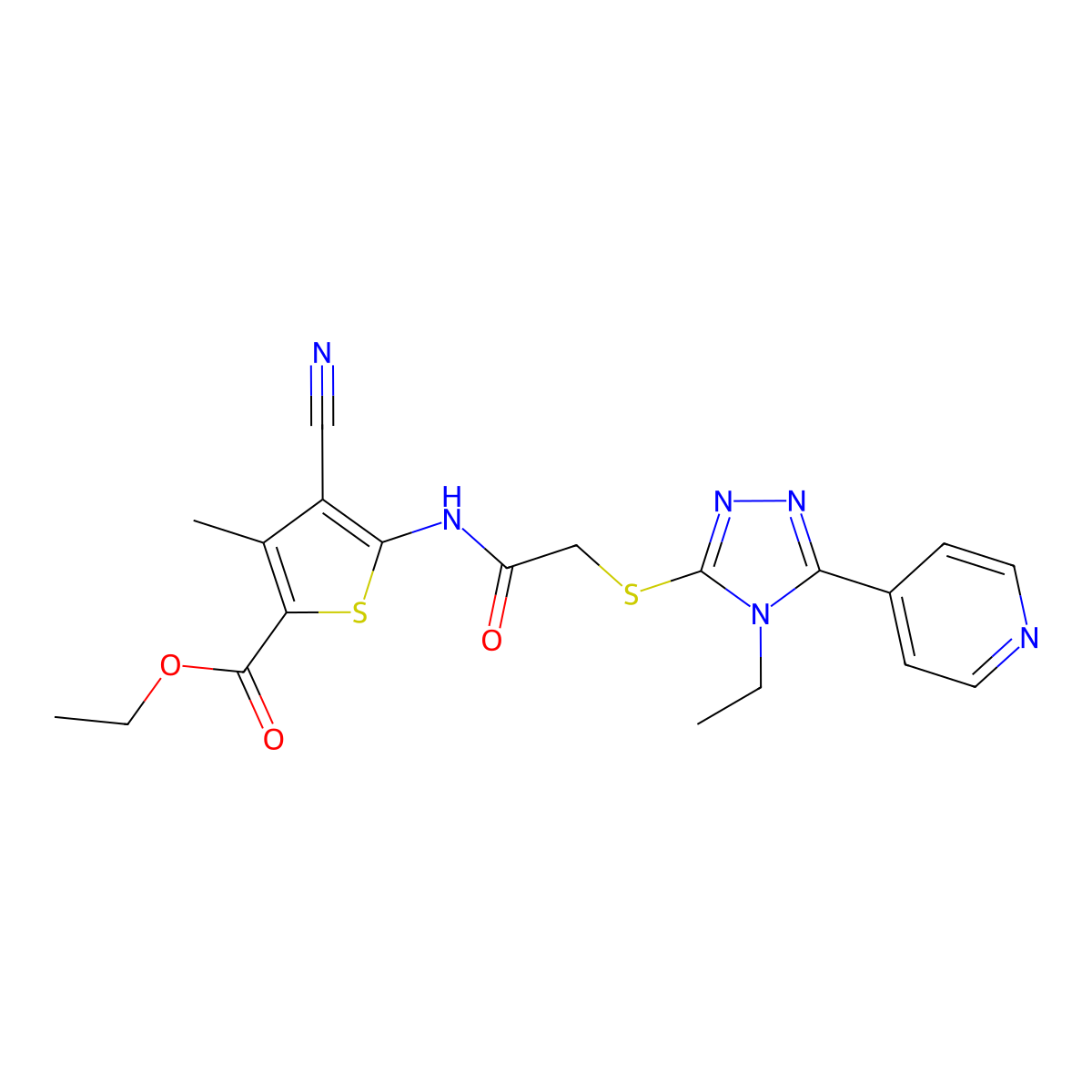 Ethyl 4-cyano-5-[[2-[(4-ethyl-5-pyridin-4-yl-1,2,4-triazol-3-yl)sulfanyl]acetyl]amino]-3-methylthiophene-2-carboxylate molecular structure, CAS 693821-35-1