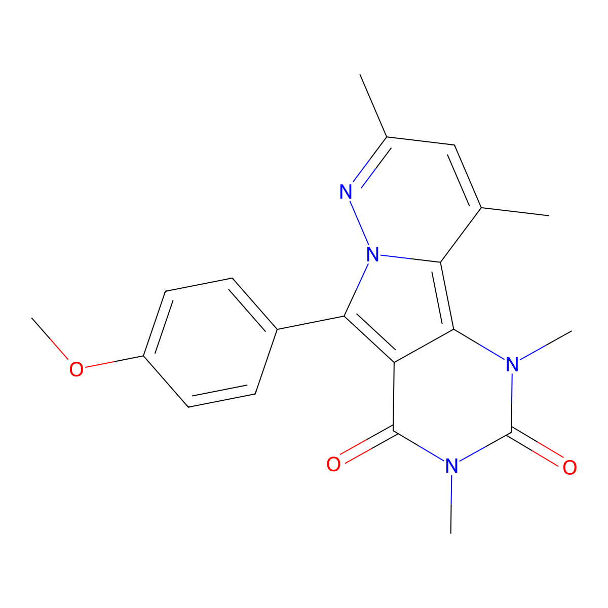5-(4-methoxyphenyl)-1,3,8,10-tetramethylpyrimido[4',5':3,4]pyrrolo[1,2-b]pyridazine-2,4(1H,3H)-dione molecular structure, CAS 693821-39-5