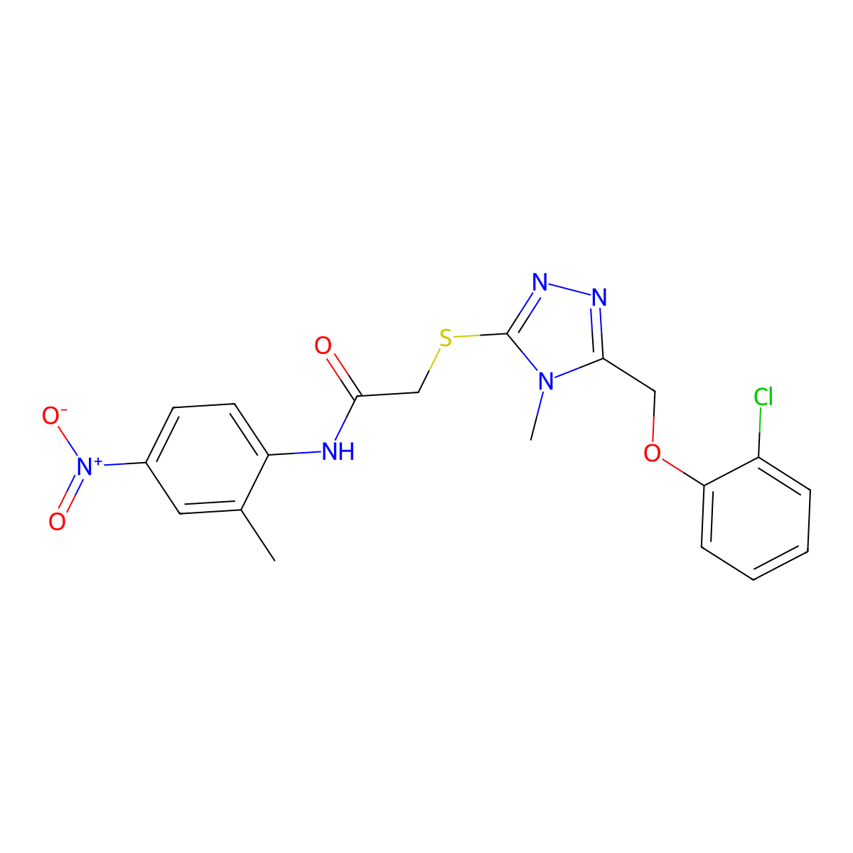 2-[[5-[(2-chlorophenoxy)methyl]-4-methyl-1,2,4-triazol-3-yl]sulfanyl]-N-(2-methyl-4-nitrophenyl)acetamide molecular structure, CAS 693821-89-5