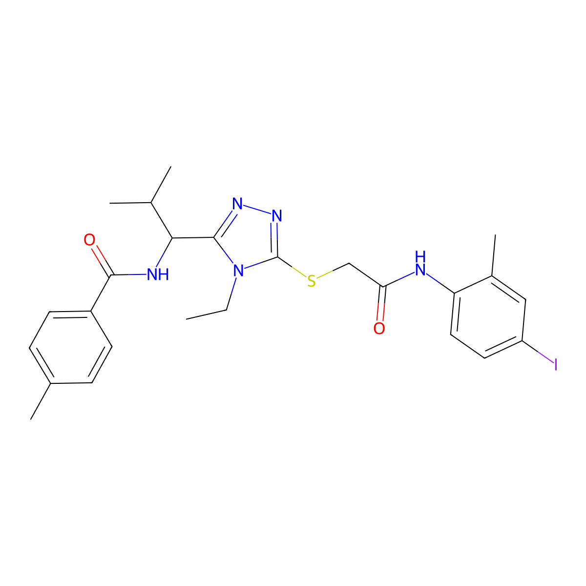 N-{1-[4-ethyl-5-({2-[(4-iodo-2-methylphenyl)amino]-2-oxoethyl}sulfanyl)-4H-1,2,4-triazol-3-yl]-2-methylpropyl}-4-methylbenzamide molecular structure, CAS 693822-00-3