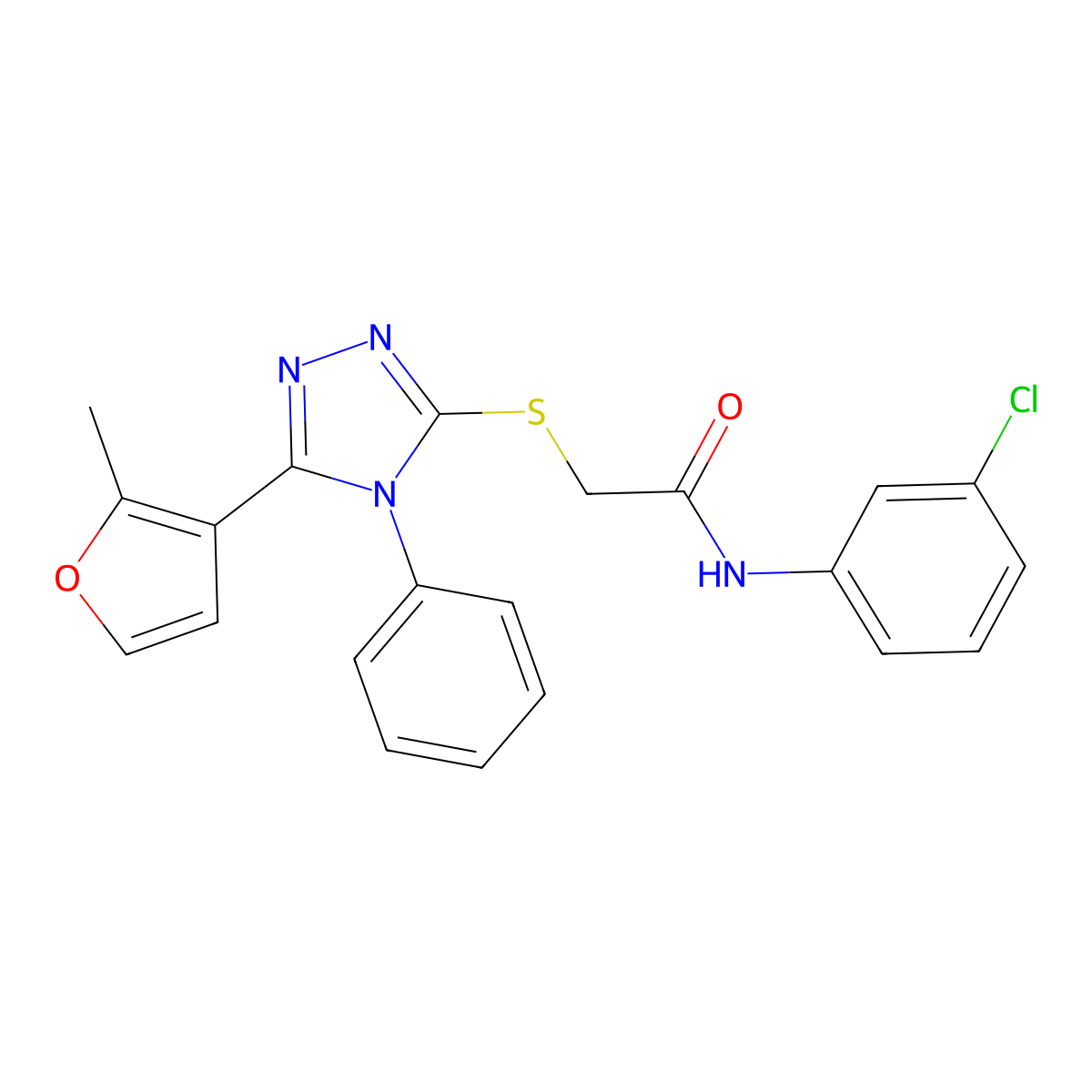 N-(3-chlorophenyl)-2-[[5-(2-methylfuran-3-yl)-4-phenyl-1,2,4-triazol-3-yl]sulfanyl]acetamide molecular structure, CAS 693832-86-9