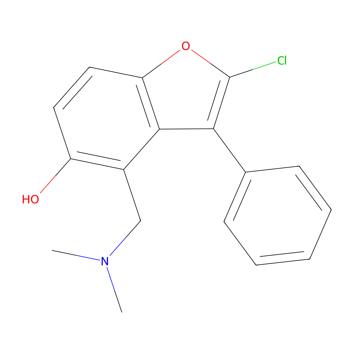 5-Benzofuranol, 2-chloro-4-(dimethylaminomethyl)-3-phenyl- molecular structure, CAS 69405-60-3