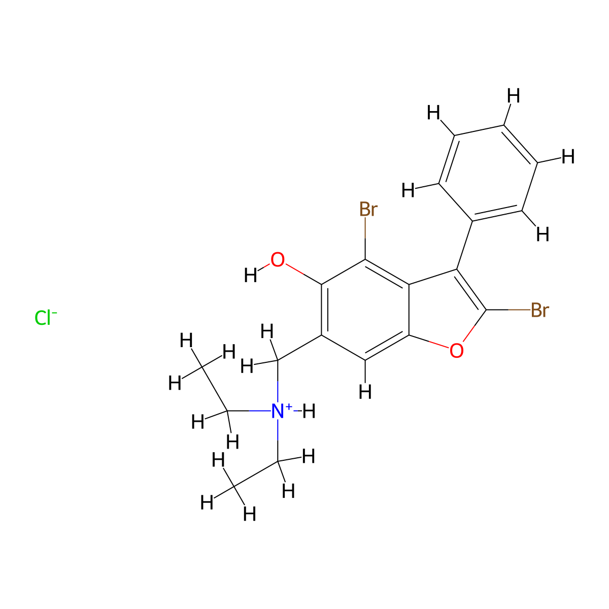 5-Benzofuranol, 2,4-dibromo-6-(diethylaminomethyl)-3-phenyl-, hydrochloride molecular structure, CAS 69405-79-4