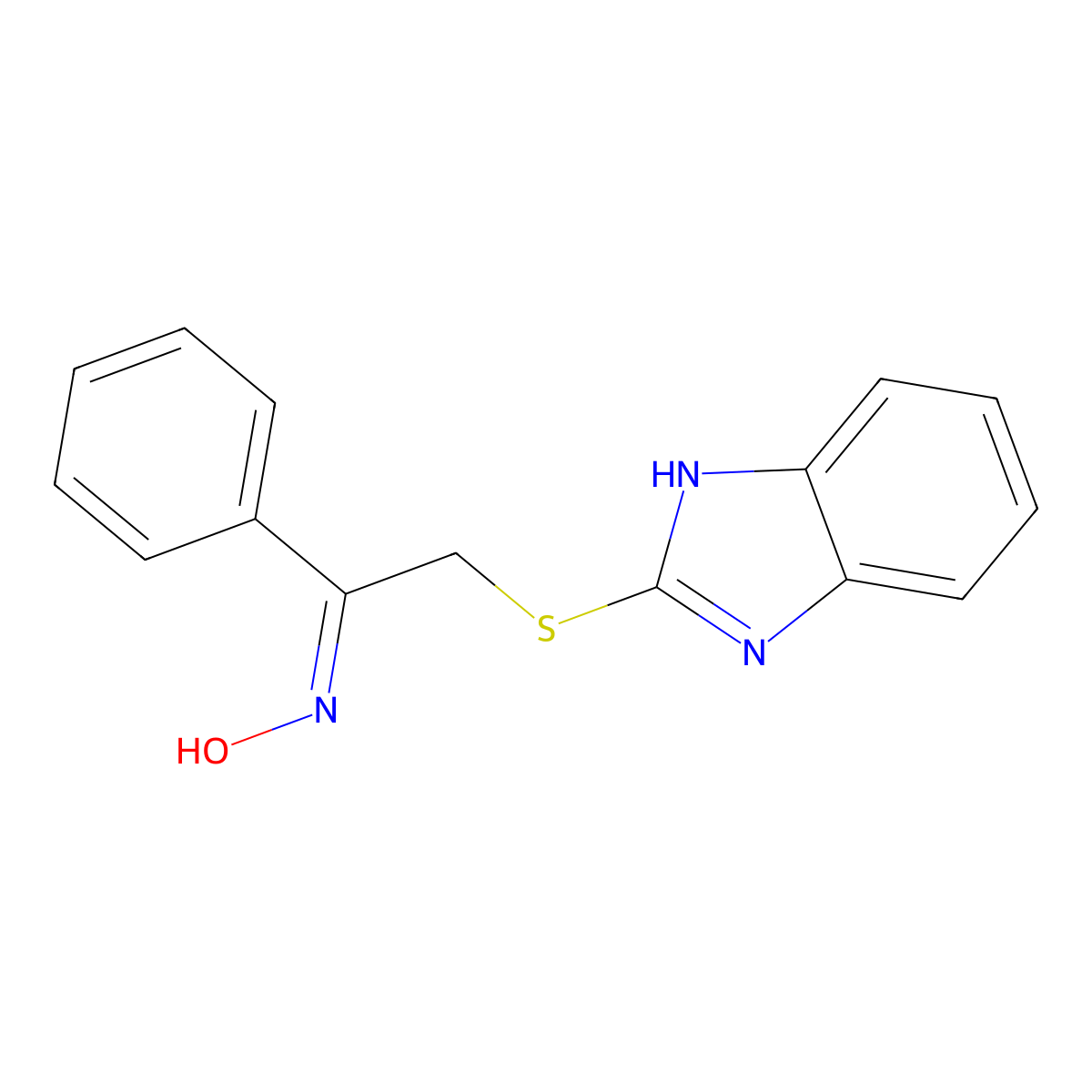 Ethanone, 2-(1H-benzimidazol-2-ylthio)-1-phenyl-, oxime molecular structure, CAS 69408-52-2