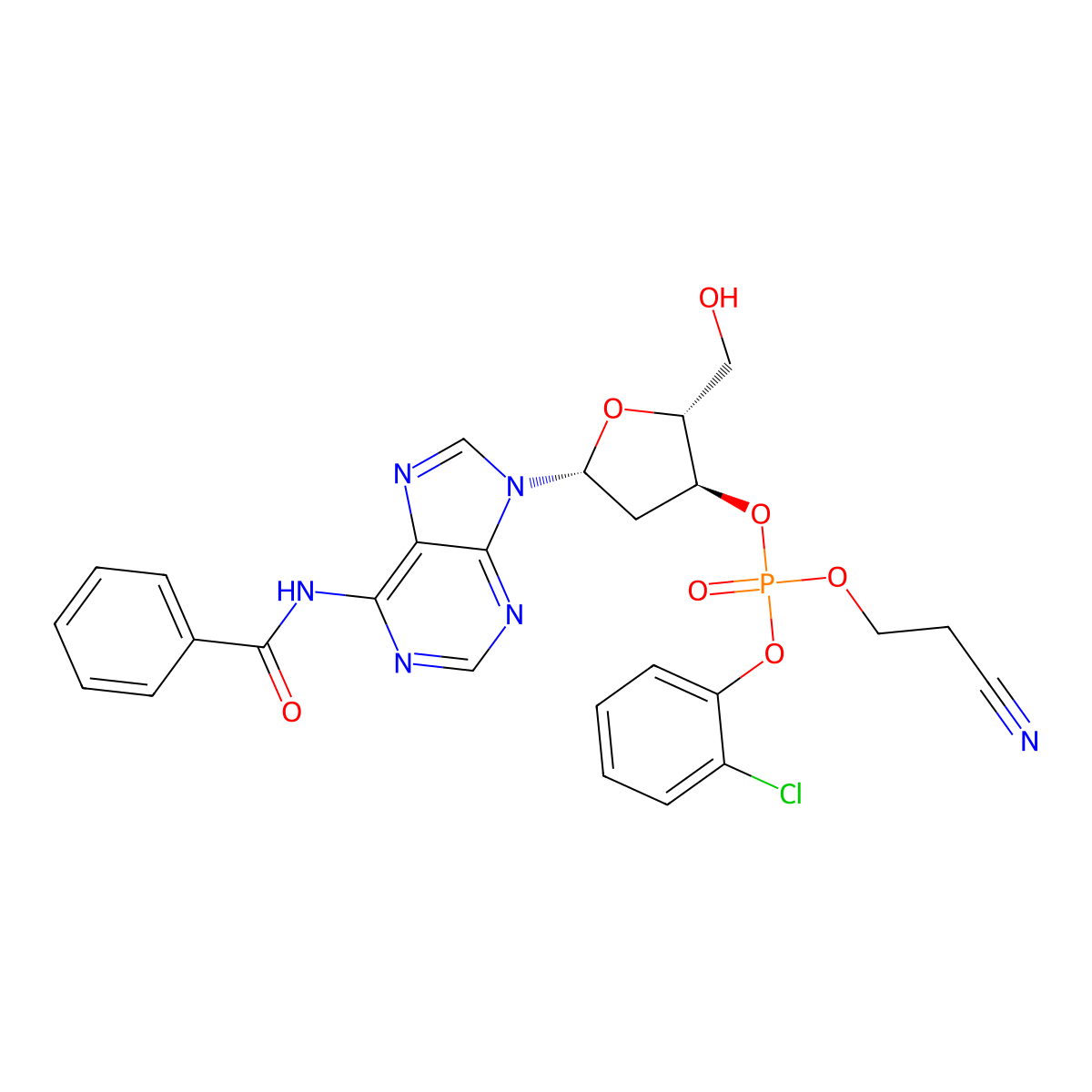 3'-Adenylic acid, N-benzoyl-2'-deoxy-, 2-chlorophenyl 2-cyanoethyl ester molecular structure, CAS 69434-23-7