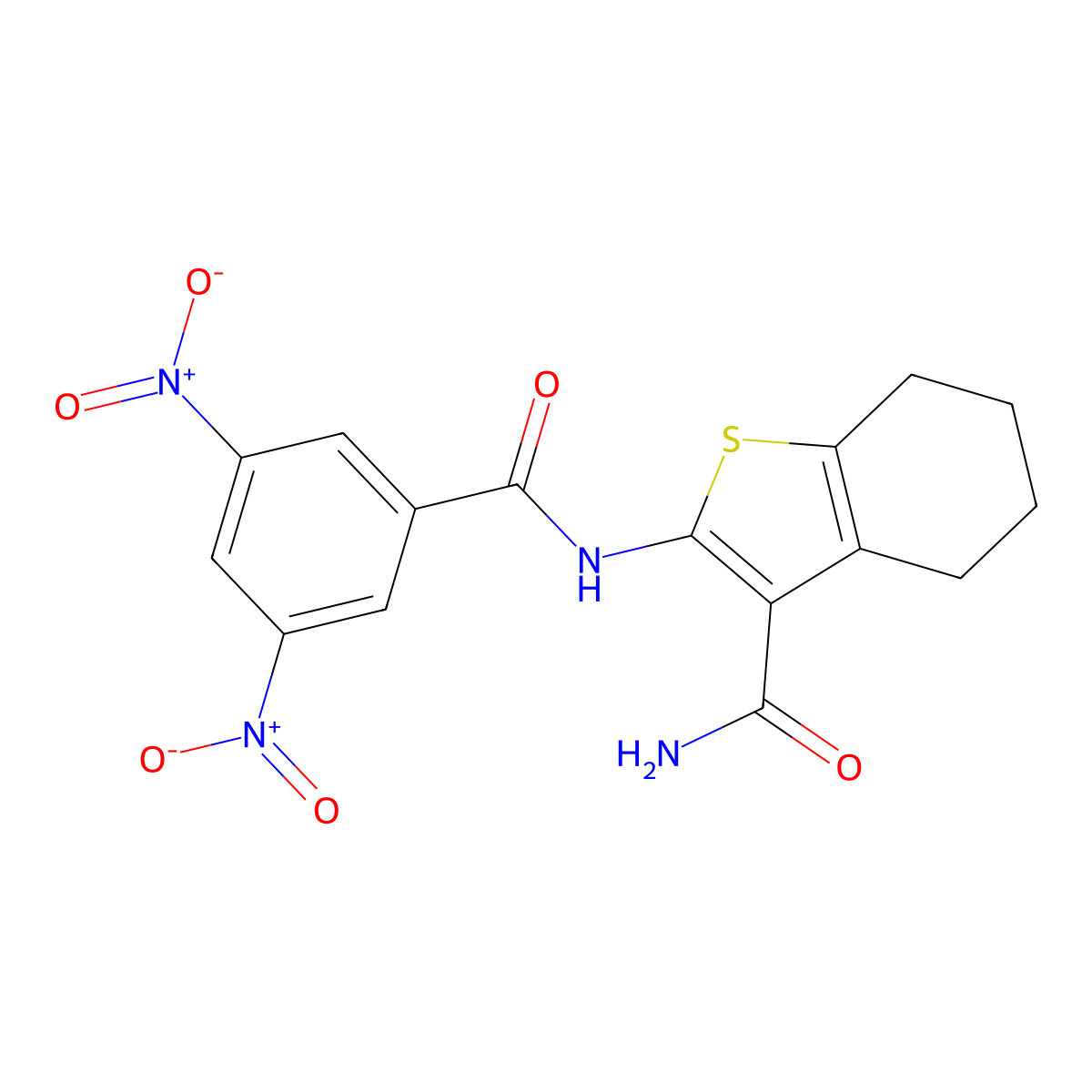 2-(3,5-Dinitrobenzamido)-4,5,6,7-tetrahydrobenzo[b]thiophene-3-carboxamide molecular structure, CAS 69438-21-7
