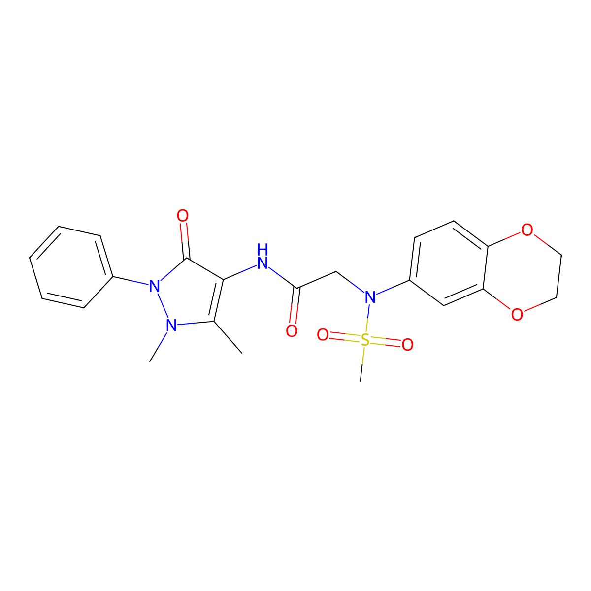 2-[2,3-dihydro-1,4-benzodioxin-6-yl(methylsulfonyl)amino]-N-(1,5-dimethyl-3-oxo-2-phenylpyrazol-4-yl)acetamide molecular structure, CAS 694446-15-6