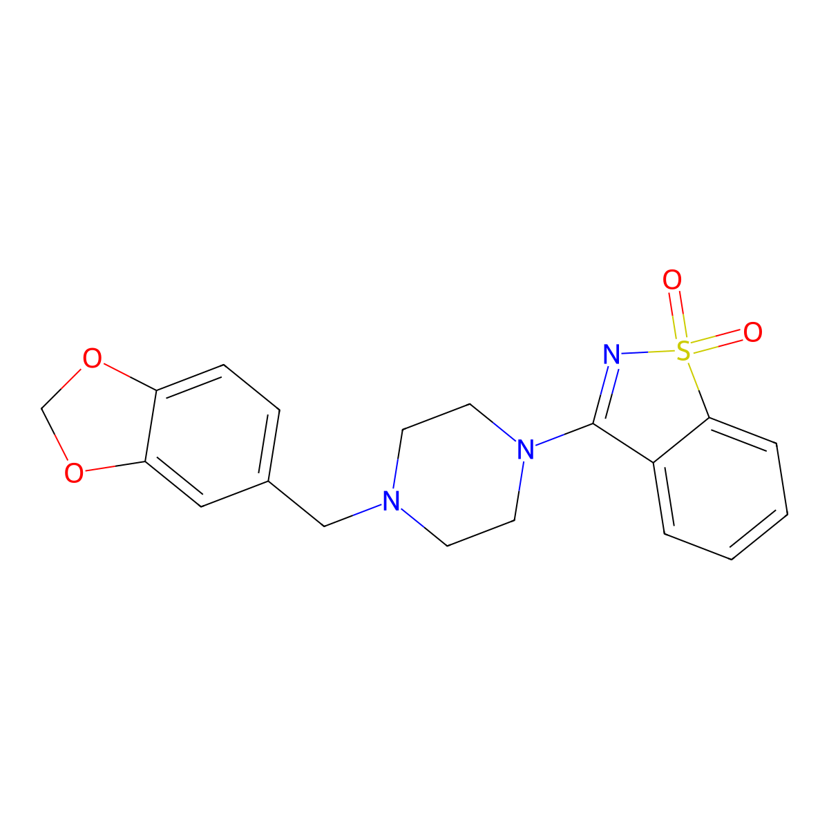 3-[4-(1,3-Benzodioxol-5-ylmethyl)piperazin-1-yl]-1,2-benzothiazole 1,1-dioxide molecular structure, CAS 694448-72-1