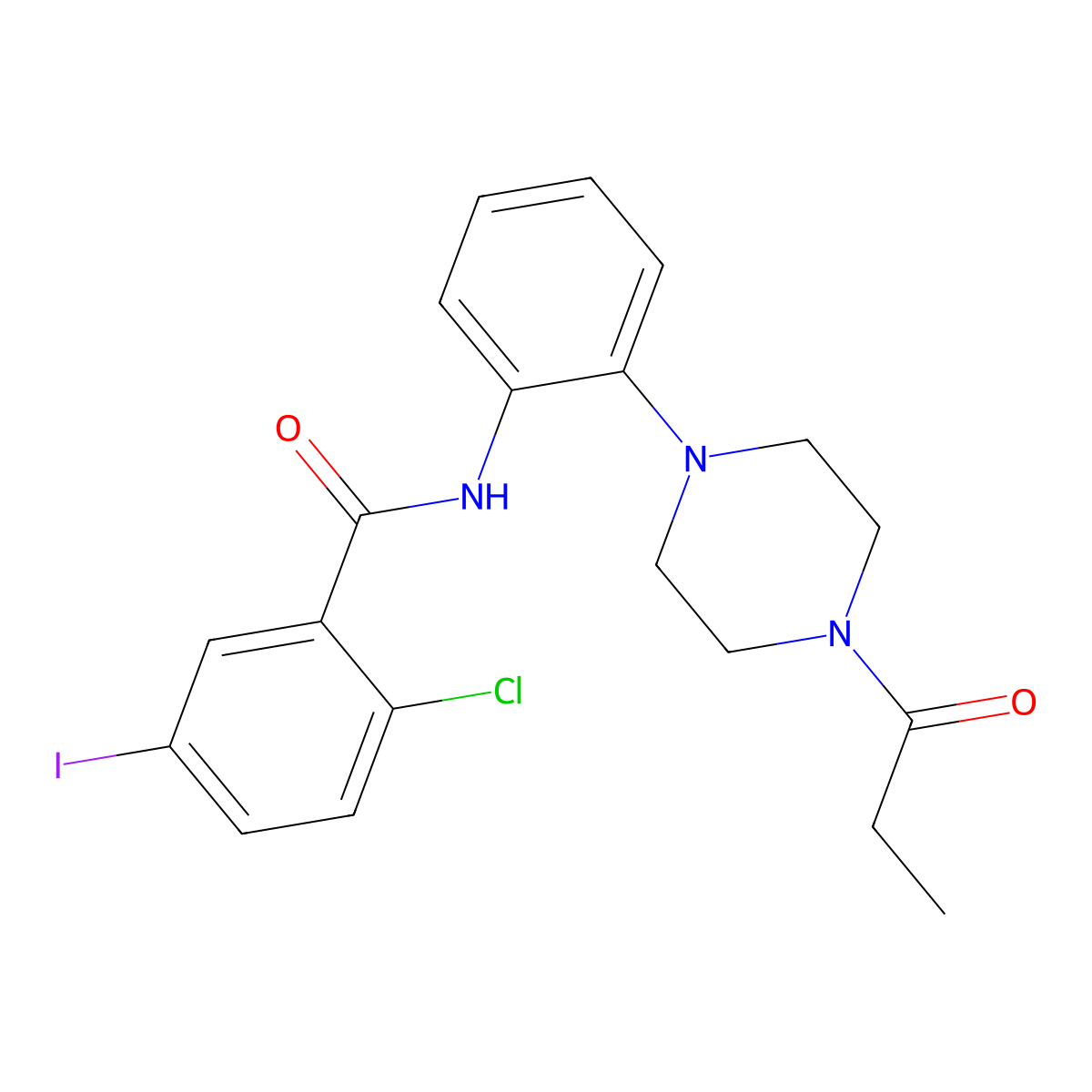 2-chloro-5-iodo-N-[2-(4-propanoylpiperazin-1-yl)phenyl]benzamide molecular structure, CAS 694454-58-5