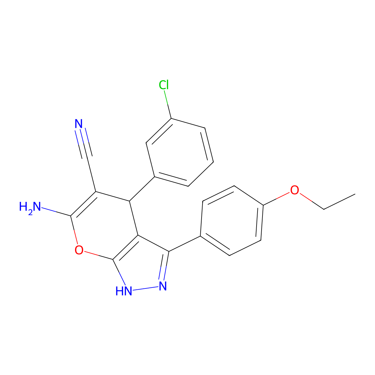 6-Amino-4-(3-chlorophenyl)-3-(4-ethoxyphenyl)-1,4-dihydropyrano[2,3-c]pyrazole-5-carbonitrile molecular structure, CAS 694456-02-5