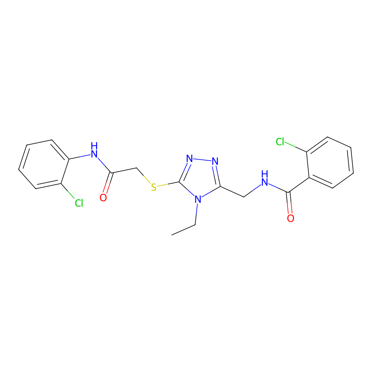 2-chloro-N-[[5-[2-(2-chloroanilino)-2-oxoethyl]sulfanyl-4-ethyl-1,2,4-triazol-3-yl]methyl]benzamide molecular structure, CAS 694456-04-7
