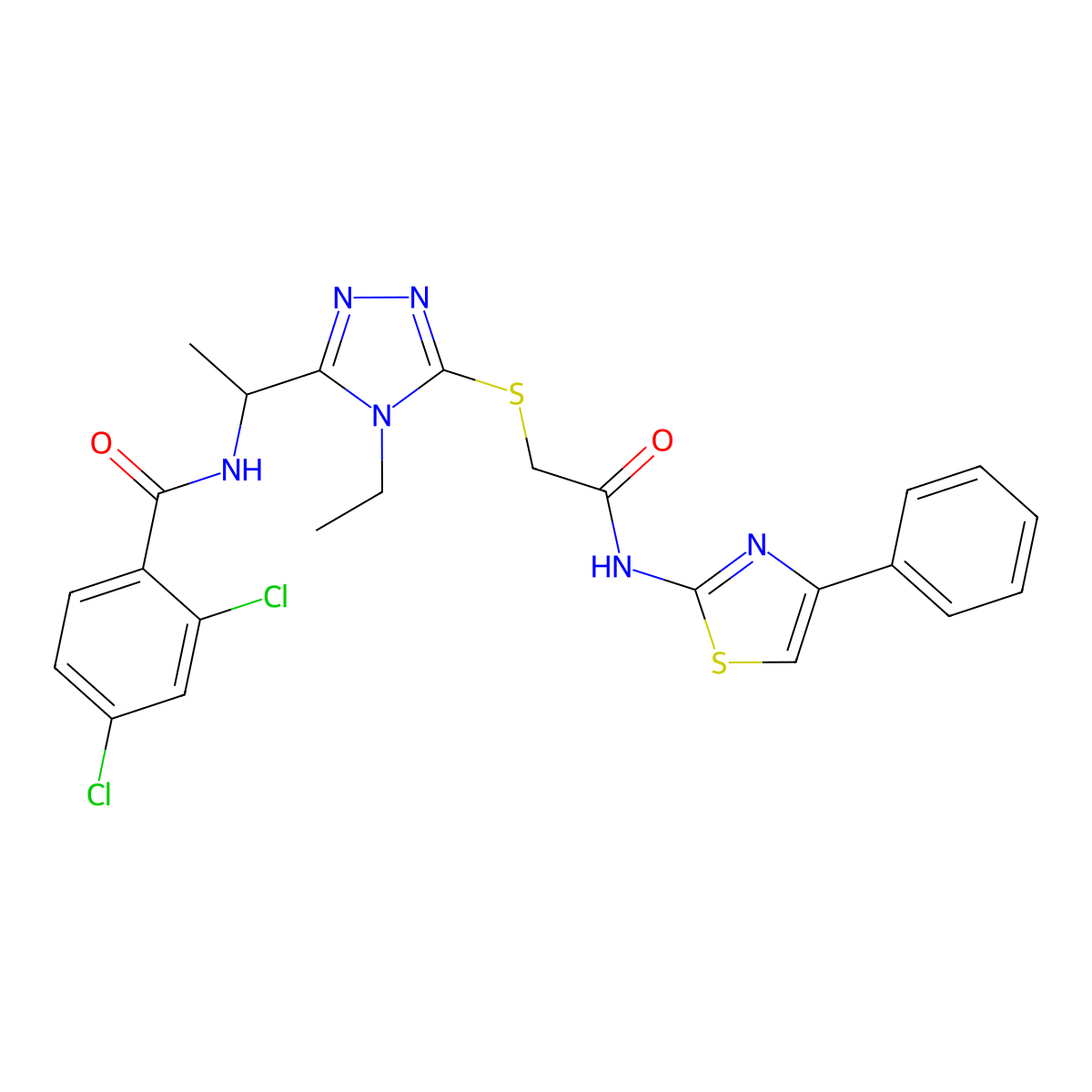 2,4-dichloro-N-[1-[4-ethyl-5-[2-oxo-2-[(4-phenyl-1,3-thiazol-2-yl)amino]ethyl]sulfanyl-1,2,4-triazol-3-yl]ethyl]benzamide molecular structure, CAS 694456-10-5