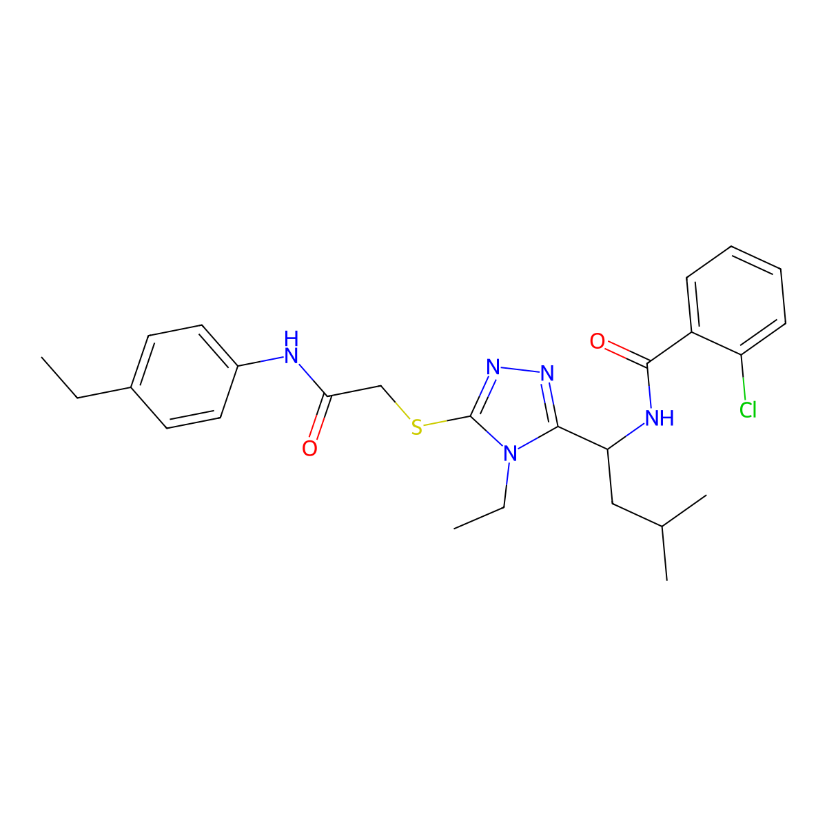 2-chloro-N-[1-[4-ethyl-5-[2-(4-ethylanilino)-2-oxoethyl]sulfanyl-1,2,4-triazol-3-yl]-3-methylbutyl]benzamide molecular structure, CAS 694456-14-9