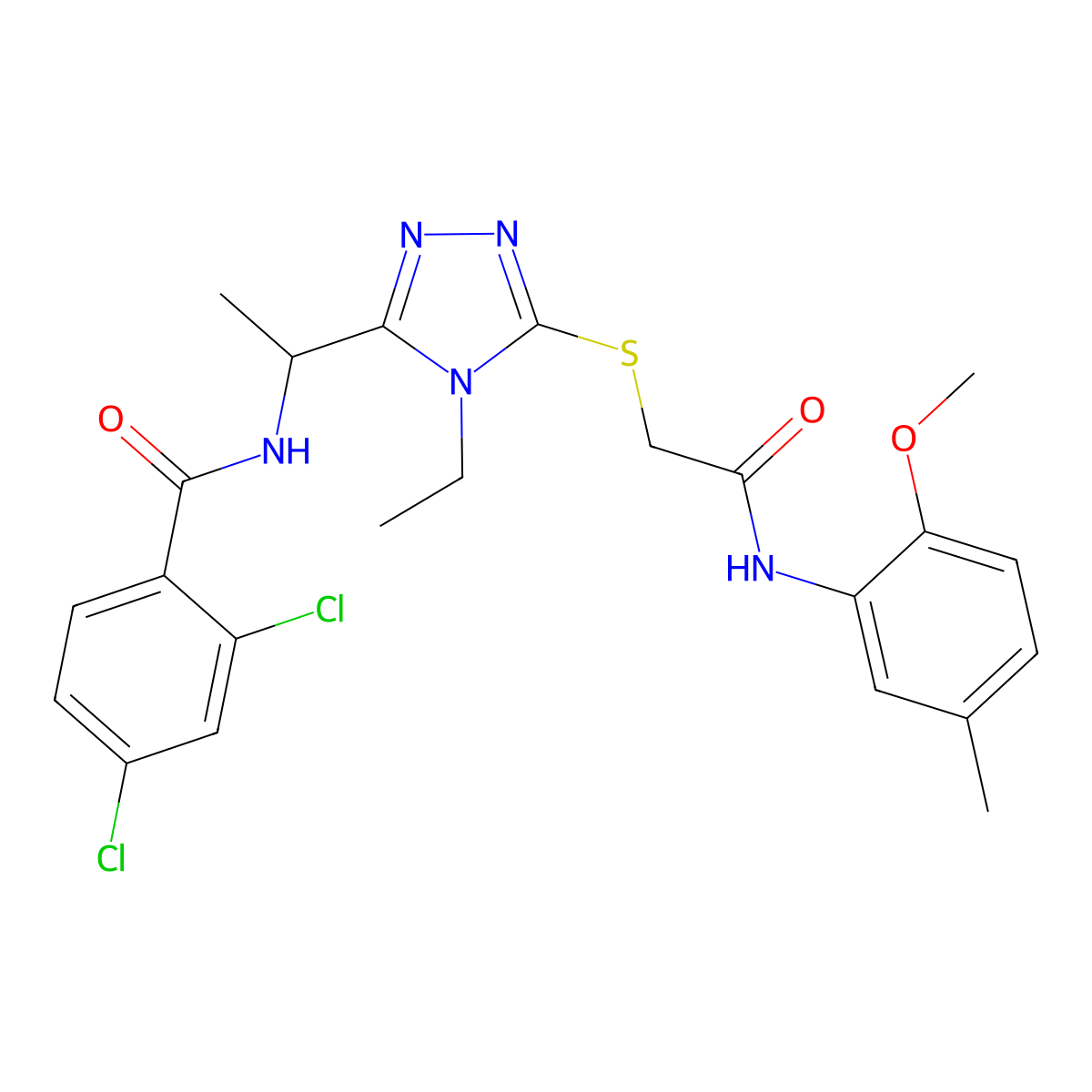 2,4-dichloro-N-[1-[4-ethyl-5-[2-(2-methoxy-5-methylanilino)-2-oxoethyl]sulfanyl-1,2,4-triazol-3-yl]ethyl]benzamide molecular structure, CAS 694456-41-2
