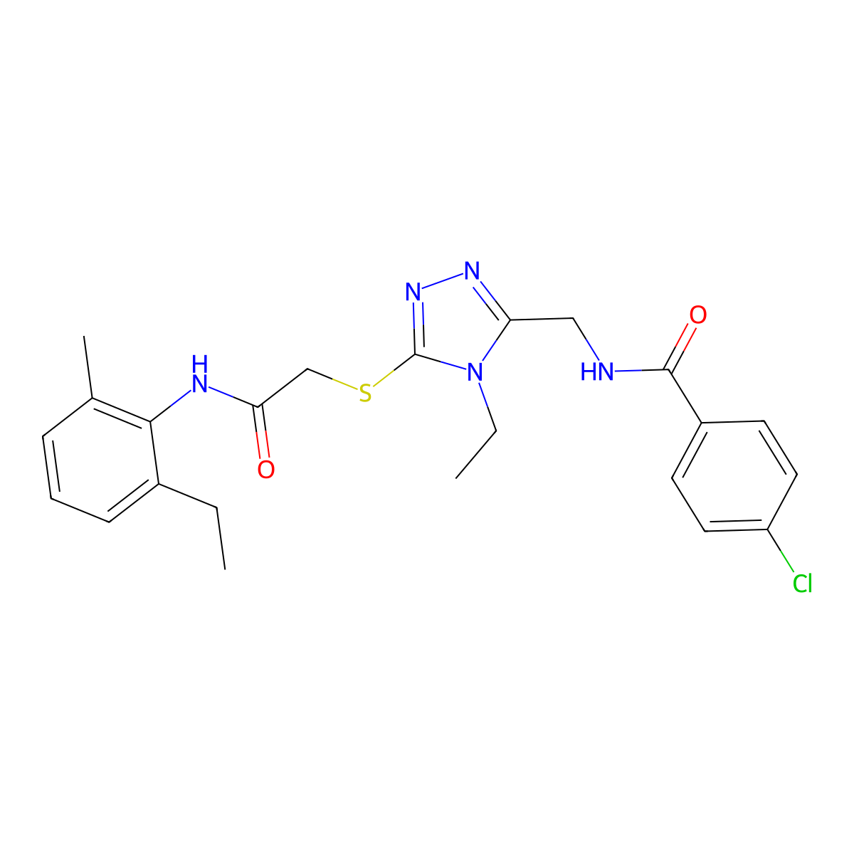 4-chloro-N-[[4-ethyl-5-[2-(2-ethyl-6-methylanilino)-2-oxoethyl]sulfanyl-1,2,4-triazol-3-yl]methyl]benzamide molecular structure, CAS 694456-57-0