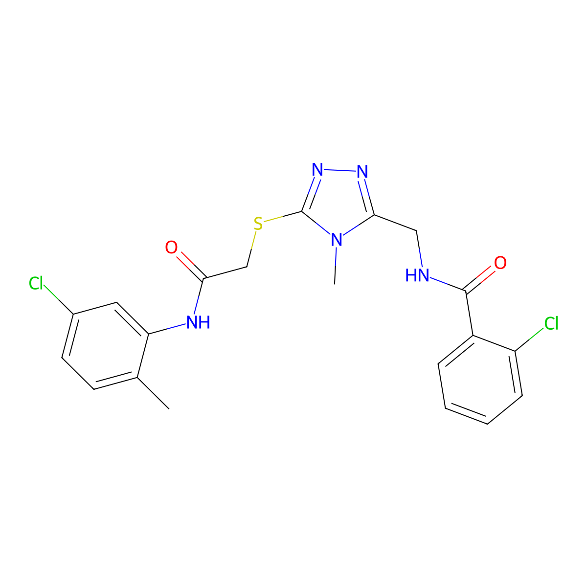 2-chloro-N-[[5-[2-(5-chloro-2-methylanilino)-2-oxoethyl]sulfanyl-4-methyl-1,2,4-triazol-3-yl]methyl]benzamide molecular structure, CAS 694456-69-4