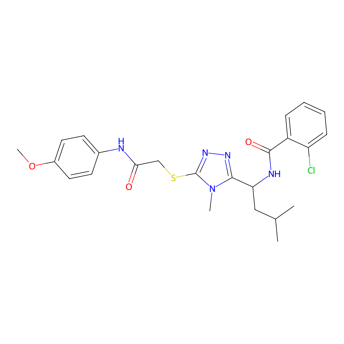 2-chloro-N-{1-[5-({2-[(4-methoxyphenyl)amino]-2-oxoethyl}sulfanyl)-4-methyl-4H-1,2,4-triazol-3-yl]-3-methylbutyl}benzamide molecular structure, CAS 694456-86-5