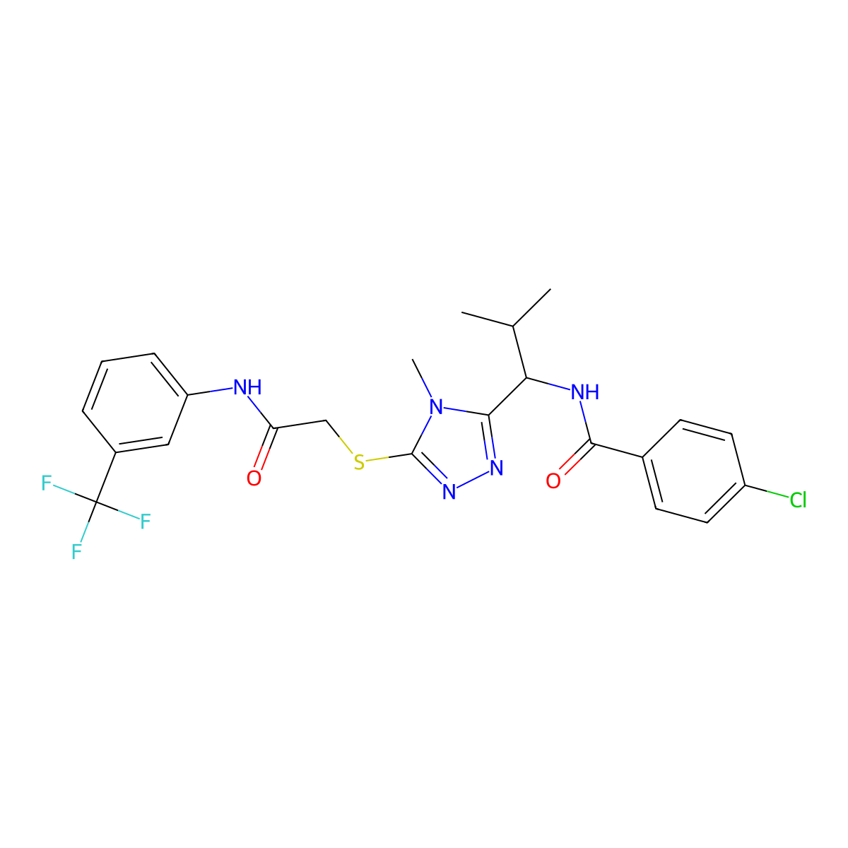 4-chloro-N-[2-methyl-1-[4-methyl-5-[2-oxo-2-[3-(trifluoromethyl)anilino]ethyl]sulfanyl-1,2,4-triazol-3-yl]propyl]benzamide molecular structure, CAS 694456-96-7