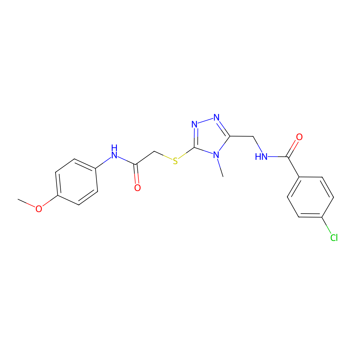 4-chloro-N-[[5-[2-(4-methoxyanilino)-2-oxoethyl]sulfanyl-4-methyl-1,2,4-triazol-3-yl]methyl]benzamide molecular structure, CAS 694457-02-8