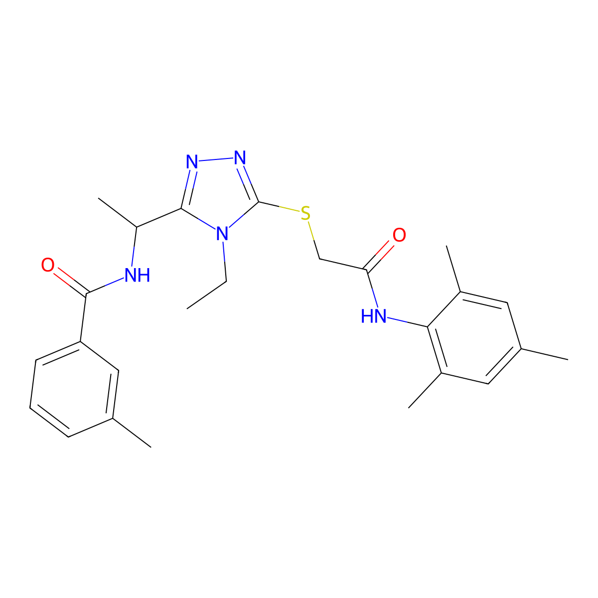 N-[1-[4-ethyl-5-[2-oxo-2-(2,4,6-trimethylanilino)ethyl]sulfanyl-1,2,4-triazol-3-yl]ethyl]-3-methylbenzamide molecular structure, CAS 694457-06-2