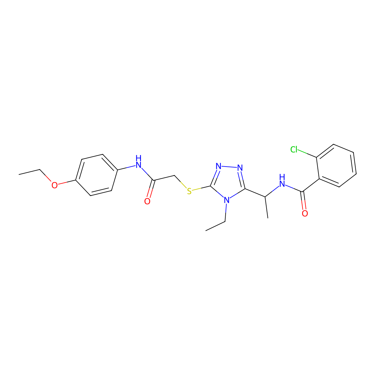2-chloro-N-[1-[5-[2-(4-ethoxyanilino)-2-oxoethyl]sulfanyl-4-ethyl-1,2,4-triazol-3-yl]ethyl]benzamide molecular structure, CAS 694457-07-3