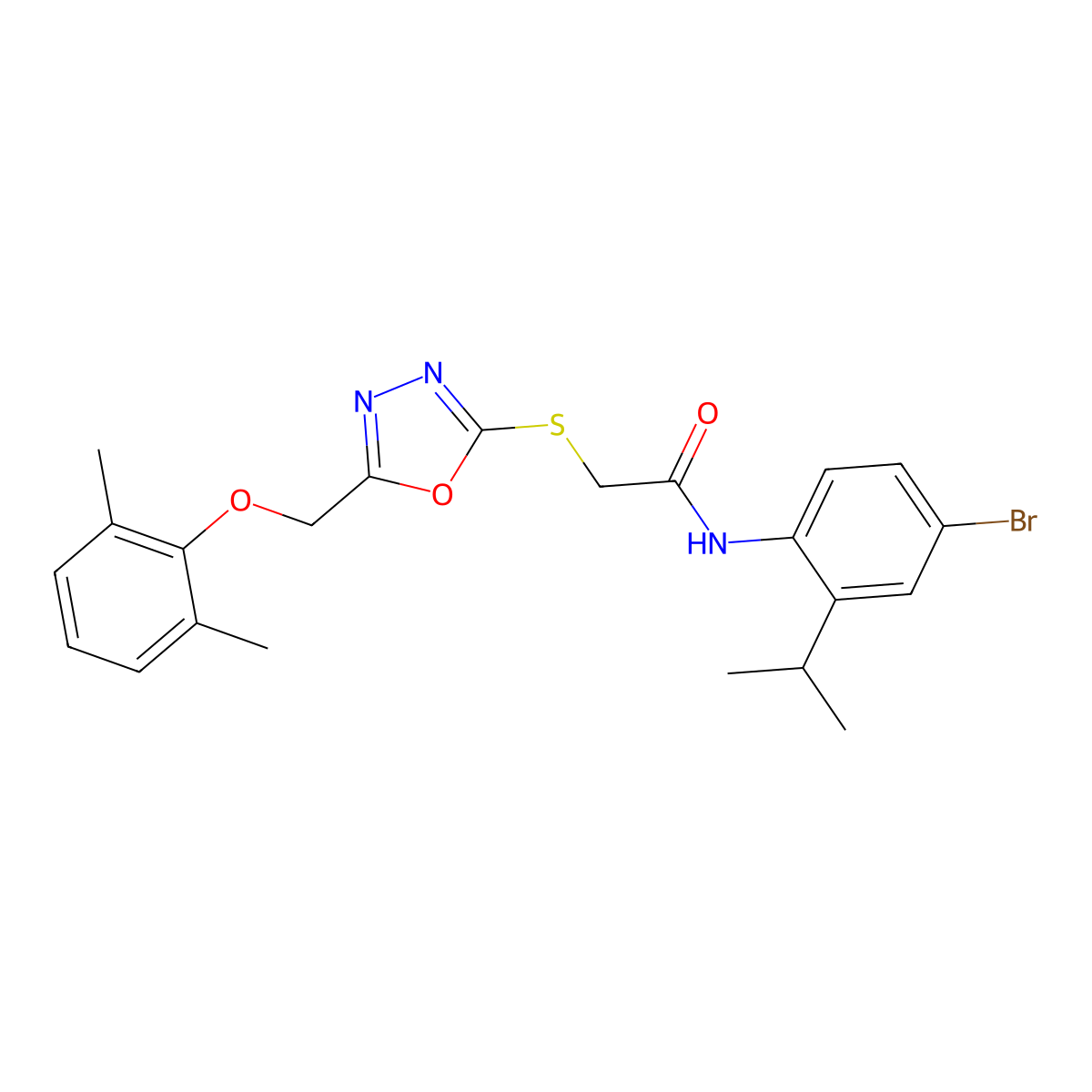 N-(4-bromo-2-propan-2-ylphenyl)-2-[[5-[(2,6-dimethylphenoxy)methyl]-1,3,4-oxadiazol-2-yl]sulfanyl]acetamide molecular structure, CAS 694457-76-6