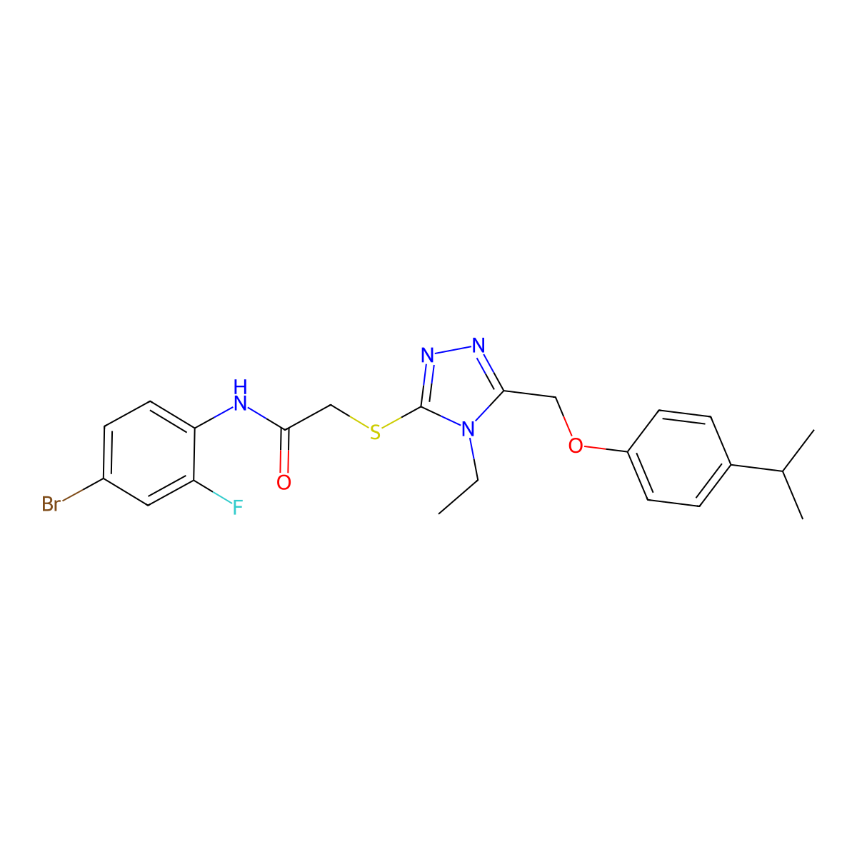 N-(4-bromo-2-fluorophenyl)-2-[[4-ethyl-5-[(4-propan-2-ylphenoxy)methyl]-1,2,4-triazol-3-yl]sulfanyl]acetamide molecular structure, CAS 694458-13-4