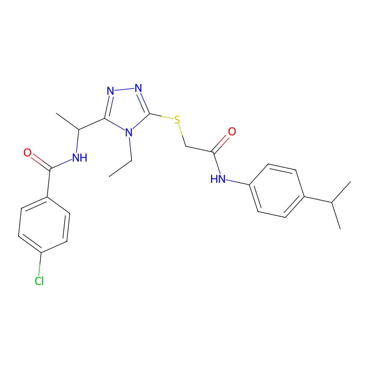 4-chloro-N-[1-[4-ethyl-5-[2-oxo-2-(4-propan-2-ylanilino)ethyl]sulfanyl-1,2,4-triazol-3-yl]ethyl]benzamide molecular structure, CAS 694458-18-9
