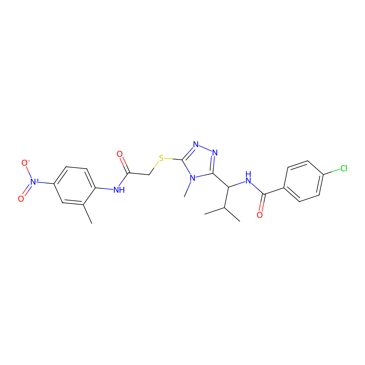 4-chloro-N-[2-methyl-1-[4-methyl-5-[2-(2-methyl-4-nitroanilino)-2-oxoethyl]sulfanyl-1,2,4-triazol-3-yl]propyl]benzamide molecular structure, CAS 694458-20-3