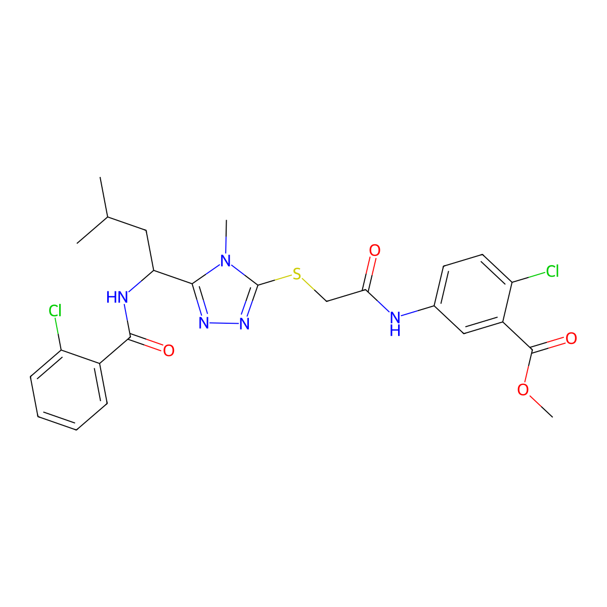 methyl 2-chloro-5-[({[5-(1-{[(2-chlorophenyl)carbonyl]amino}-3-methylbutyl)-4-methyl-4H-1,2,4-triazol-3-yl]sulfanyl}acetyl)amino]benzoate molecular structure, CAS 694458-25-8