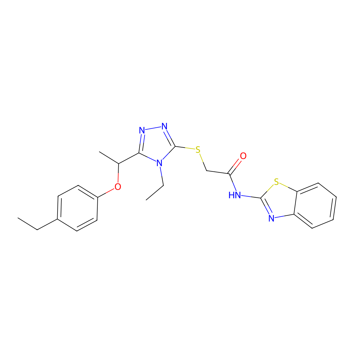 N-(1,3-benzothiazol-2-yl)-2-[[4-ethyl-5-[1-(4-ethylphenoxy)ethyl]-1,2,4-triazol-3-yl]sulfanyl]acetamide molecular structure, CAS 694458-32-7