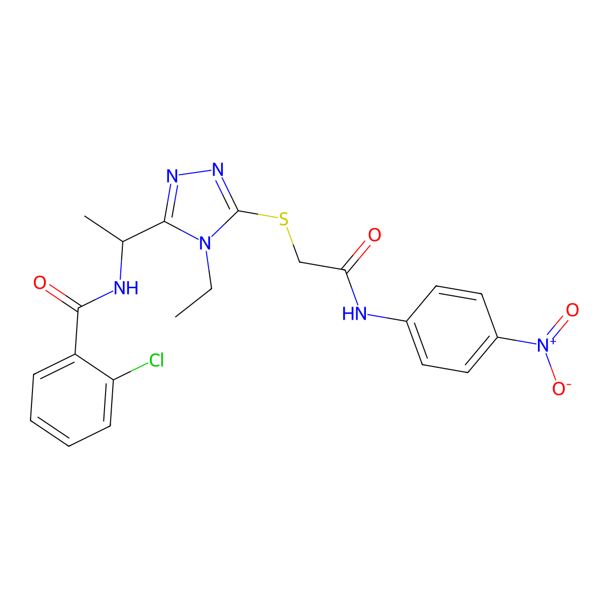 2-chloro-N-[1-[4-ethyl-5-[2-(4-nitroanilino)-2-oxoethyl]sulfanyl-1,2,4-triazol-3-yl]ethyl]benzamide molecular structure, CAS 694460-15-6