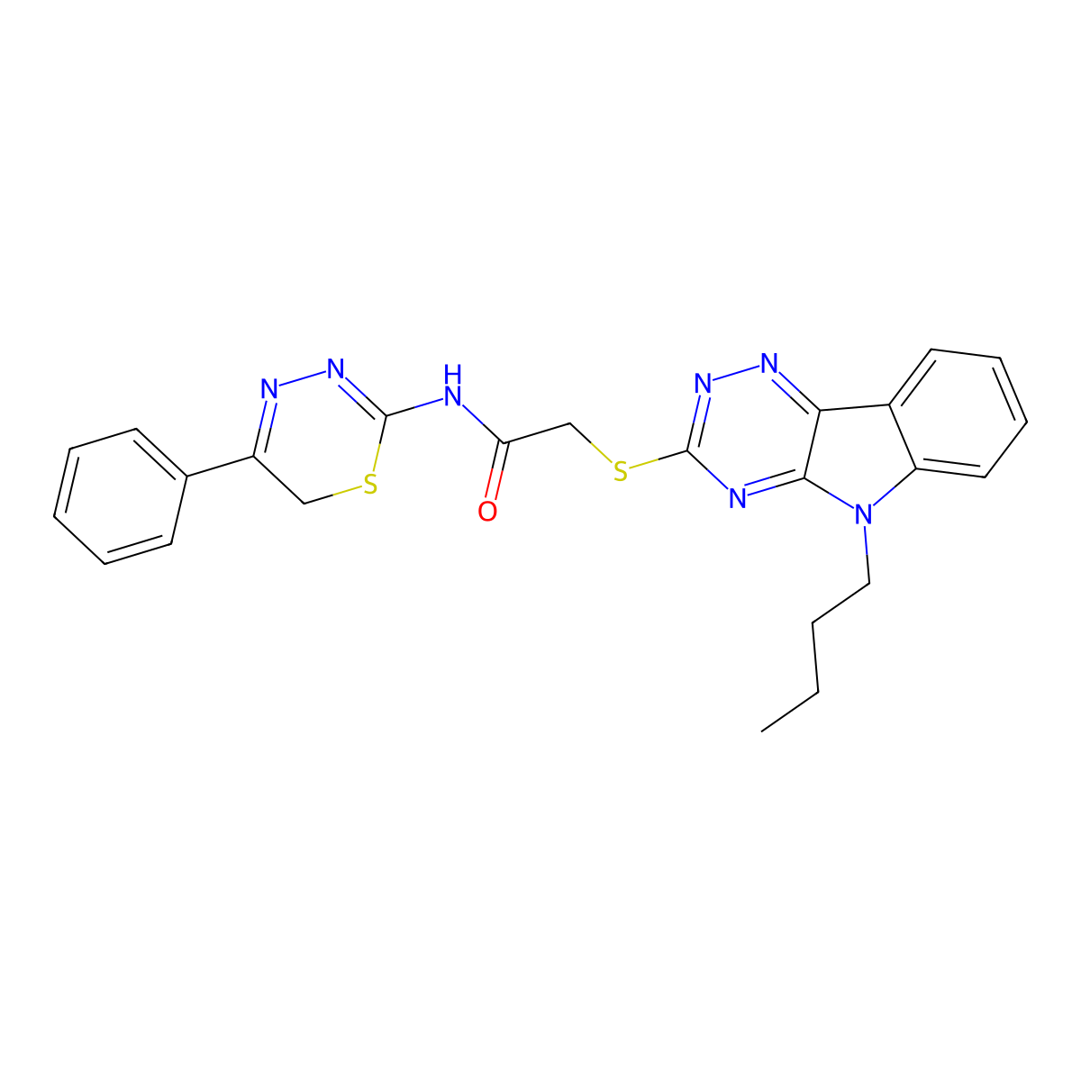 2-[(5-butyl-[1,2,4]triazino[5,6-b]indol-3-yl)sulfanyl]-N-(5-phenyl-6H-1,3,4-thiadiazin-2-yl)acetamide molecular structure, CAS 694460-17-8