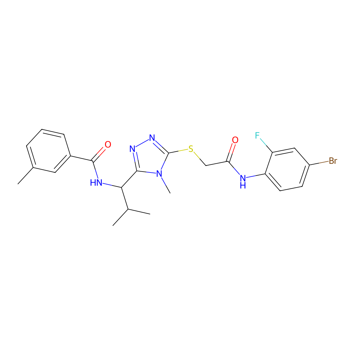 N-[1-[5-[2-(4-bromo-2-fluoroanilino)-2-oxoethyl]sulfanyl-4-methyl-1,2,4-triazol-3-yl]-2-methylpropyl]-3-methylbenzamide molecular structure, CAS 694460-41-8